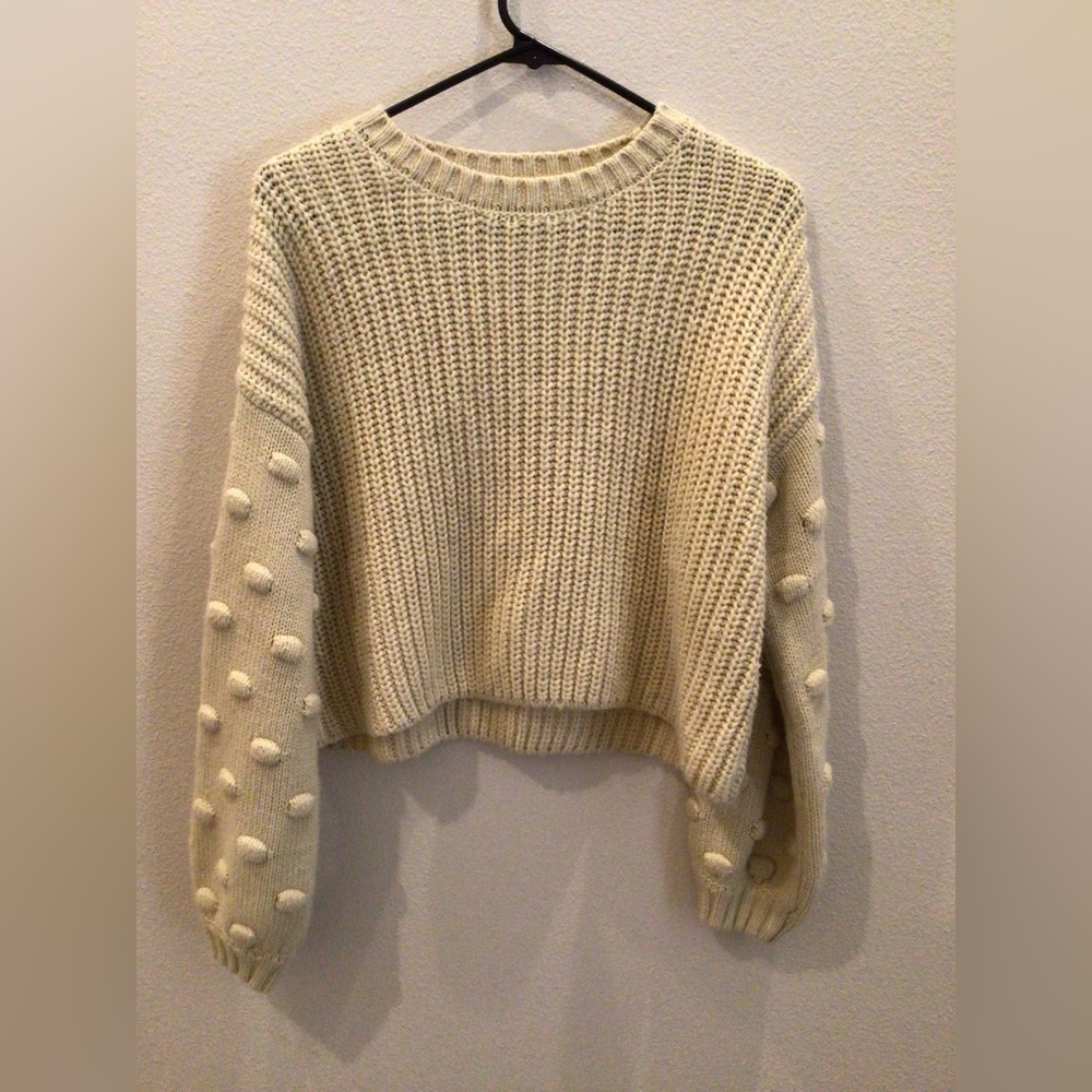 Moon and Madison Cream Cropped Bobble Sleeve Sweater